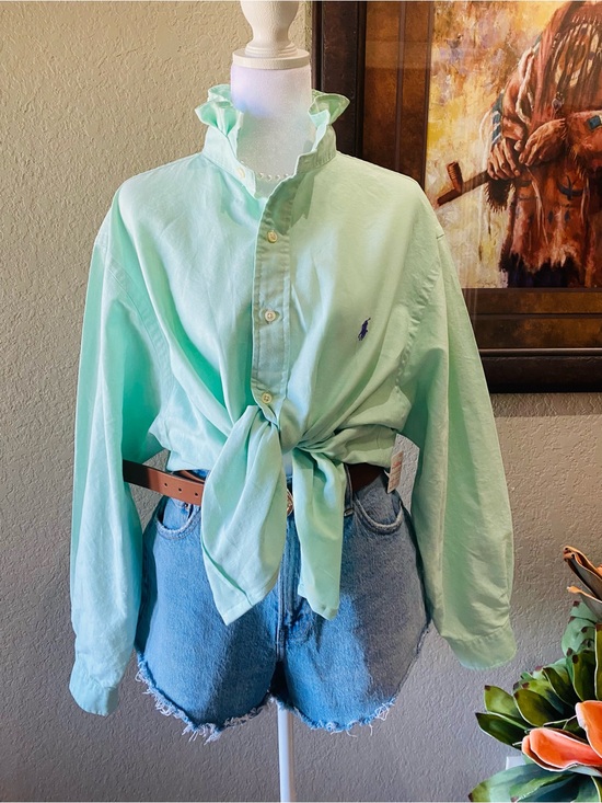 Ralph Lauren Tops - REWORKED- Ralph Lauren Pale Mint Button-Up Tie-Front Shirt